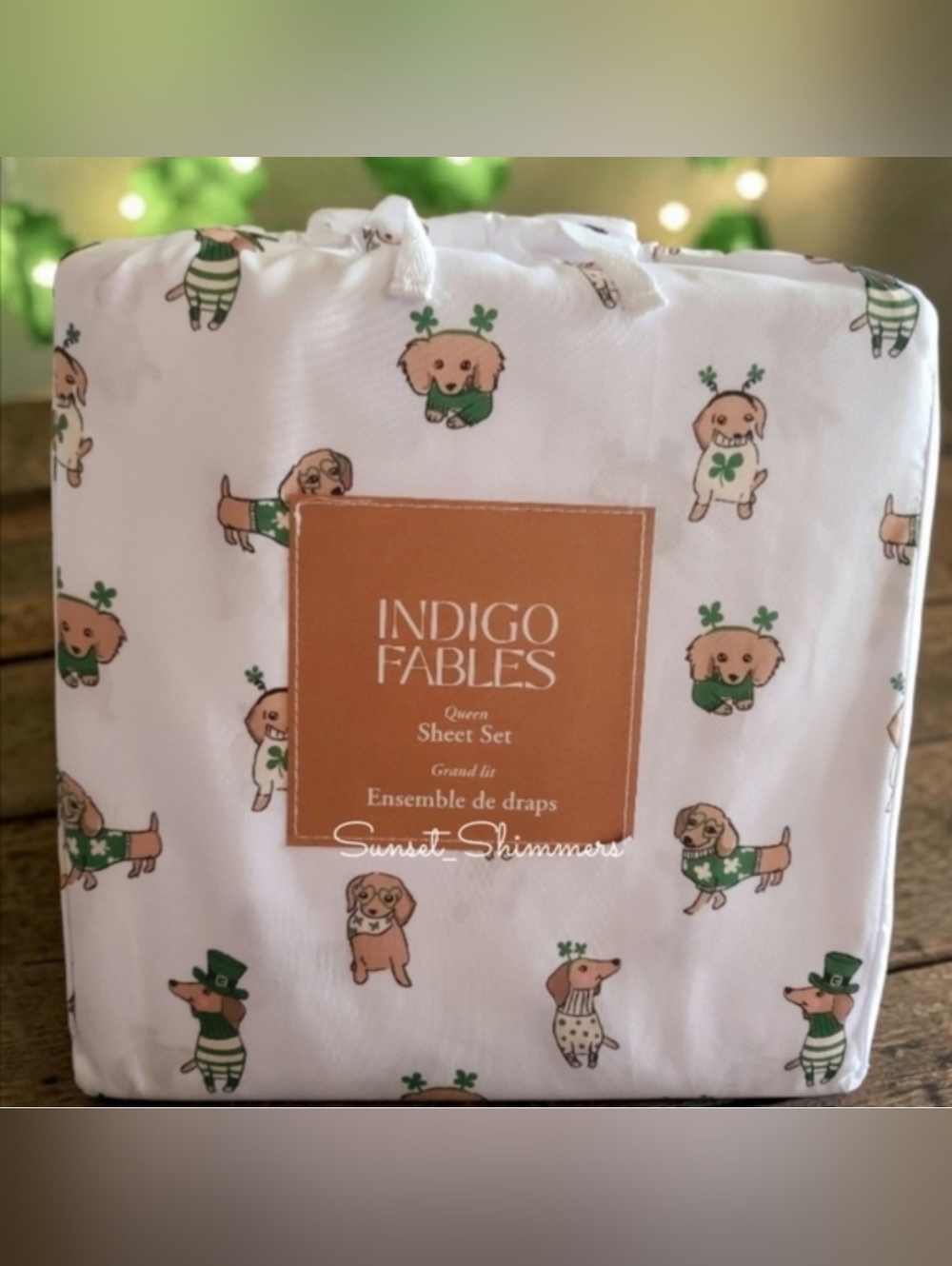 St Patricks Day Dachshund DOG Weiner Doxie Lucky Clover Queen Bed Sheet Set New